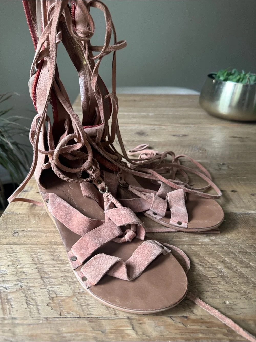 Free People Peach Lace-Up Gladiator Wedge Sandals